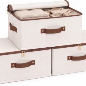 Fabric Storage Bins with Zippered Lids and Handles – For Wardrobe Clothing and Organization (3-Piece Set)