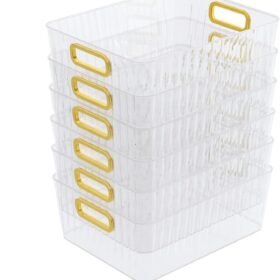 6-piece set of transparent plastic storage bins with handles – for organizing items in the refrigerator, kitchen, or bathroom