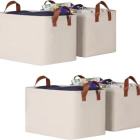 Fabric Storage Bins with Reinforced Handles – For Wardrobe, Towels, and Clothing (4-Piece Set, Beige)