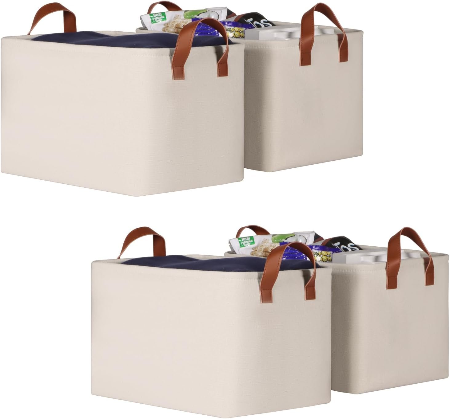 Fabric Storage Bins with Reinforced Handles – For Wardrobe, Towels, and Clothing (4-Piece Set, Beige)