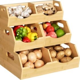 3-tier breathable bamboo storage bin – for onions, potatoes, and produce (countertop or cabinet use)