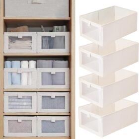 Linen-style fabric storage bins with transparent windows – 4-piece set for wardrobe organization