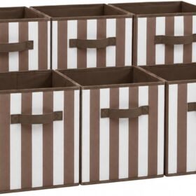 Caramel-Colored Striped Fabric Storage Bins with Handles – For Cube Shelving (6-Piece Set)