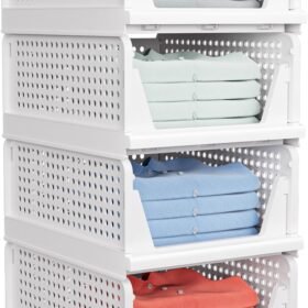 Stackable, foldable wardrobe storage baskets – 4-piece set, white, for clothing and hats