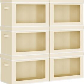 Flip-top fabric storage bins with transparent windows – 6-piece set, beige