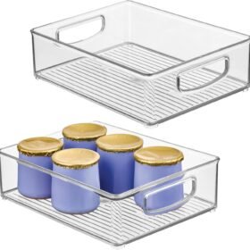 2-piece set of transparent, stackable storage bins with handles – for food items in cabinets and refrigerators