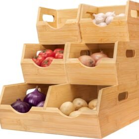 3-Tier Bamboo Storage Set (5-Piece Set) – Stackable Baskets for Onions, Potatoes, Fruits, and Vegetables