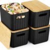 Plastic storage bins with bamboo lids – 4-piece set, black, for desktops, wardrobes, or toys