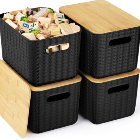 Plastic storage bins with bamboo lids – 4-piece set, black, for desktops, wardrobes, or toys