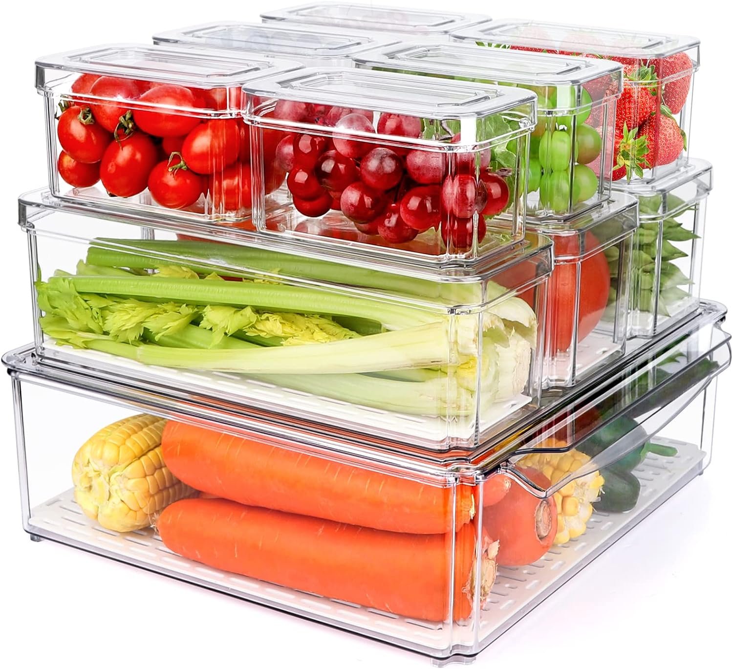 Stackable Refrigerator Storage Bins with Lids (10-Piece Set) – For Fresh Produce, Snacks, and Grains