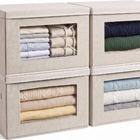 Fabric storage bins with lids and soft rope handles – 4-piece set, beige, for books and clothing