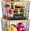 Metal Storage Baskets with Bamboo Lids (2-Piece Set) – Countertop/Sink Organizers for Onions, Potatoes, and Snacks