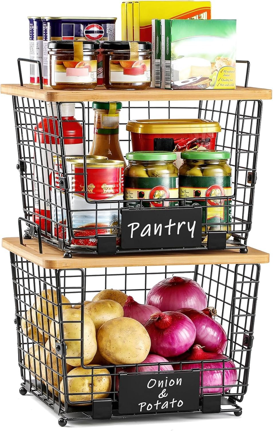 Metal Storage Baskets with Bamboo Lids (2-Piece Set) – Countertop/Sink Organizers for Onions, Potatoes, and Snacks