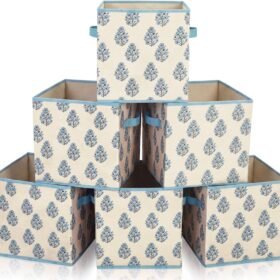 Blue Floral Fabric Storage Bins with Handles – For Shelves and Wardrobes (6-Piece Set)
