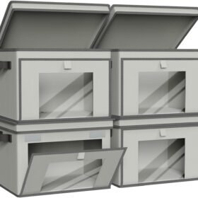 Grey, front-opening, flip-top fabric storage bins for home wardrobes – 4-piece set