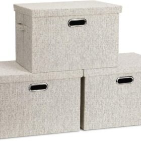Linen-style fabric storage bins with lids – 3-piece set for bedroom wardrobes