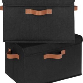 Fabric storage bins with lids and PU leather handles – black